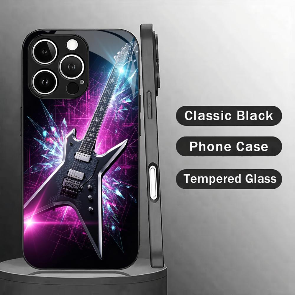 Pc Case Tempered Glass - เคสโทรศัพท์แฟชั่นลายกีตาร์ดนตรี กระจกนิรภัย HD สำหรับ iPhone 17/16/15/14/13/12/11