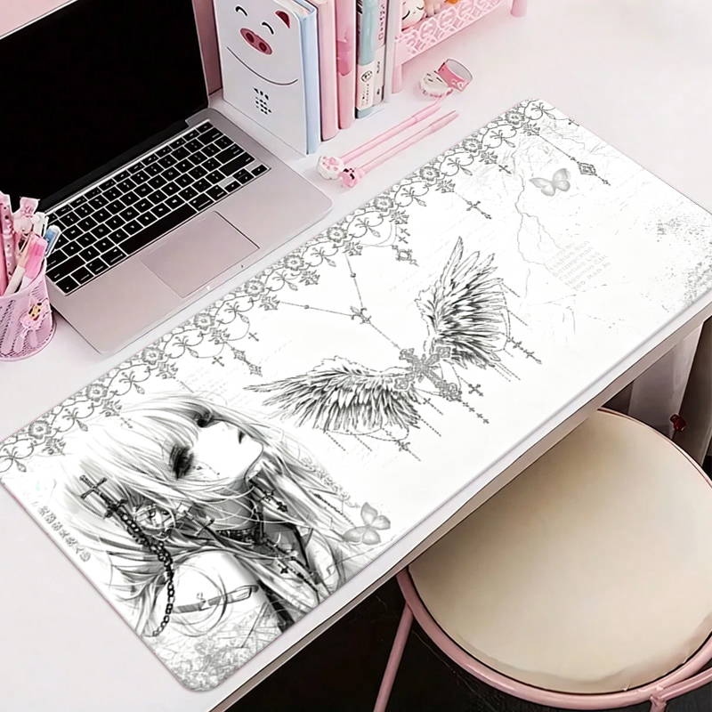 Pc Gaming Desk - แผ่นรองเมาส์หนังสีดำสีขาวอะนิเมะความงามของสาวนางฟ้าแผ่นรองเมาส์อุปกรณ์สำนักงานคีย์บอร์ดเกมพีซีอีสปอร์ต HD แผ่นรองโต๊ะ